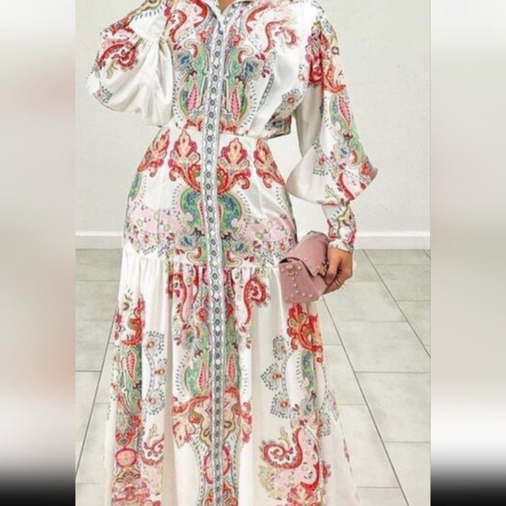 Athina Paisley Boho Maxi Dress — Long Sleeve Button Front — Size M